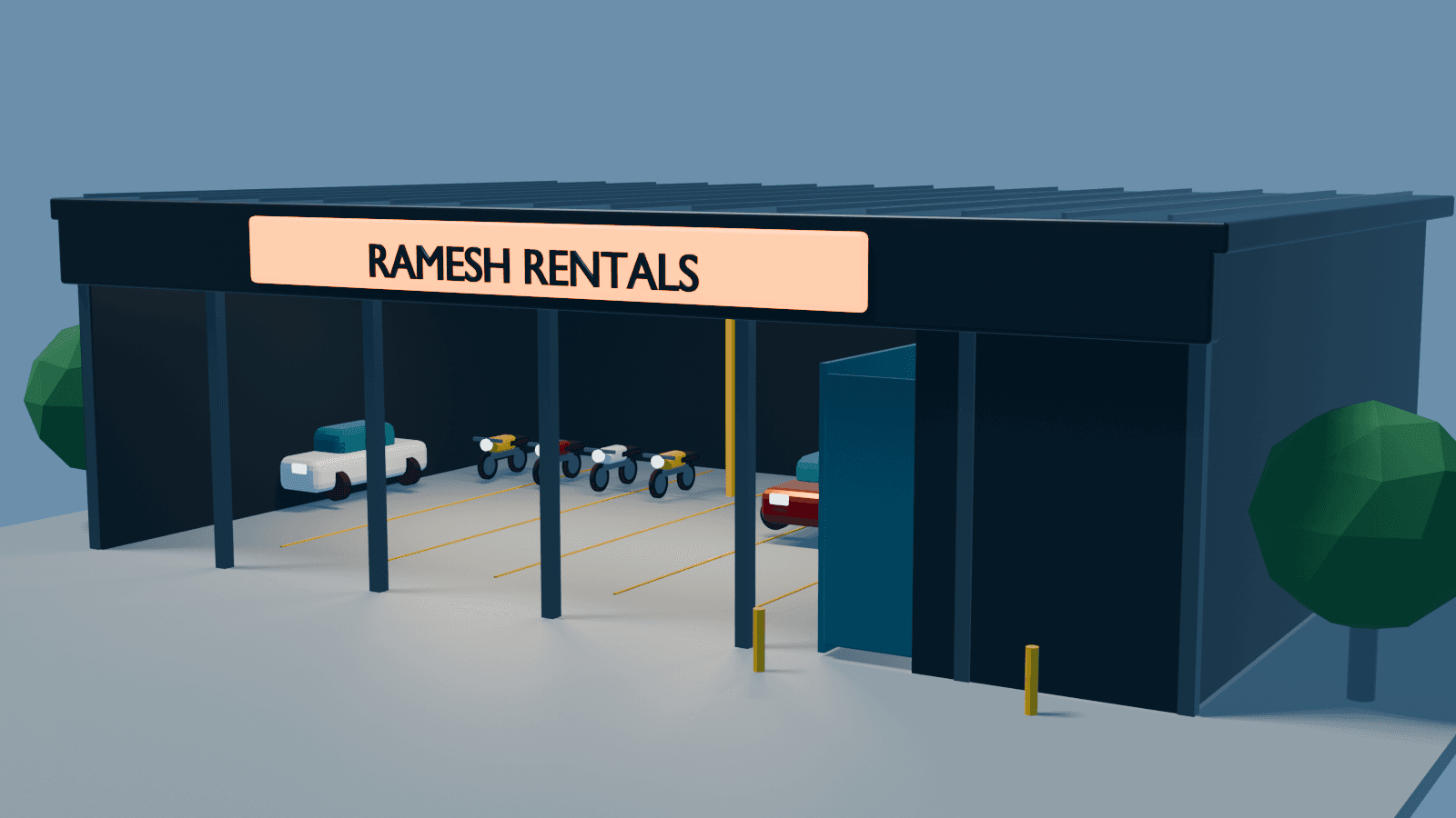 Daylight 3D architectural render of the Ramesh Rentals vehicle hub