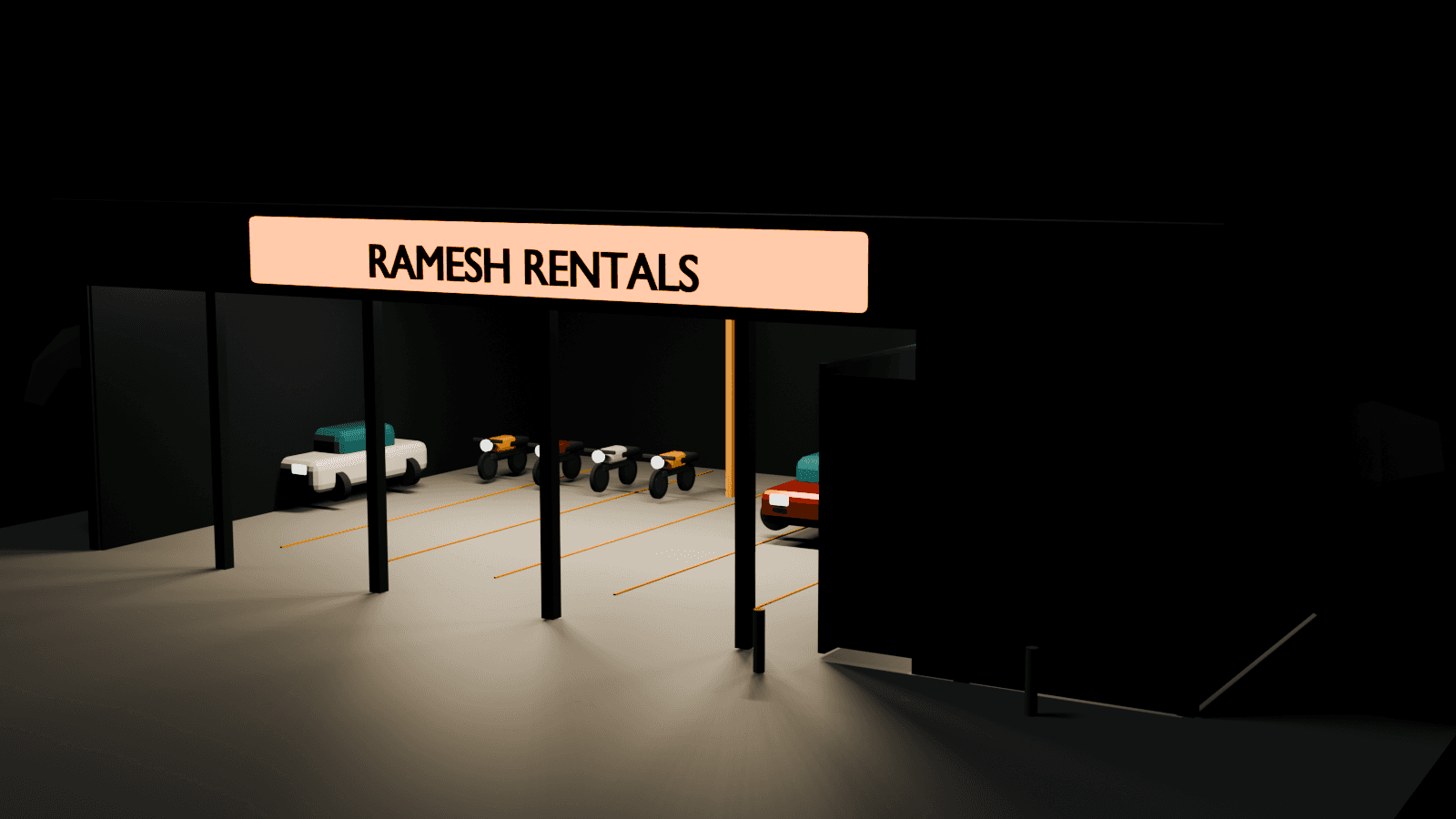 Night-time 3D architectural render of the Ramesh Rentals vehicle hub